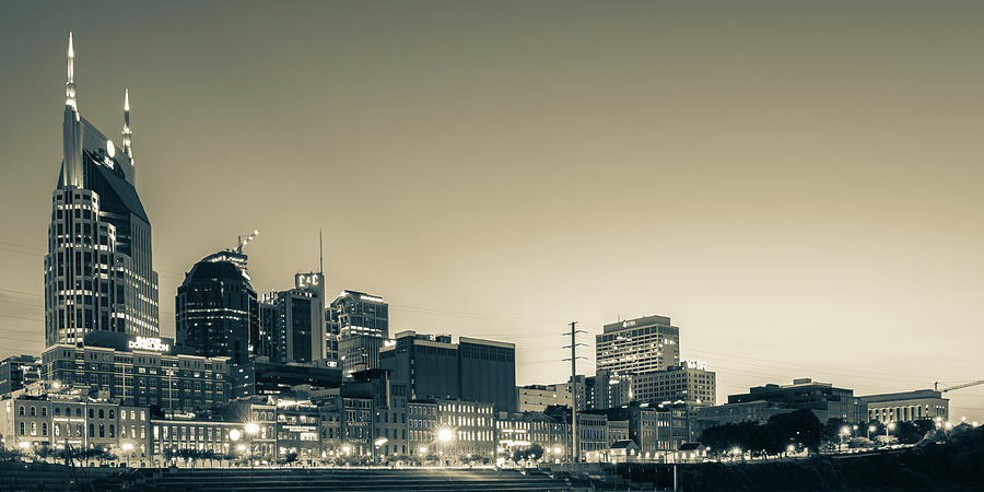 Nashvilles Music City Skyline Panorama At Dawn In Sepia Photograph
