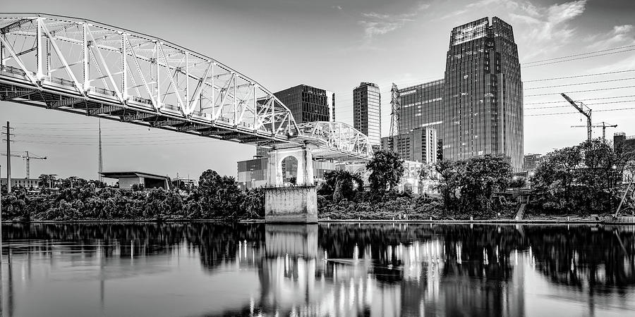 Nashville Skyline Photograph - Nashvilles Pedestrian Bridge Over The Cumberland River Panorama - Black and White by Gregory Ballos