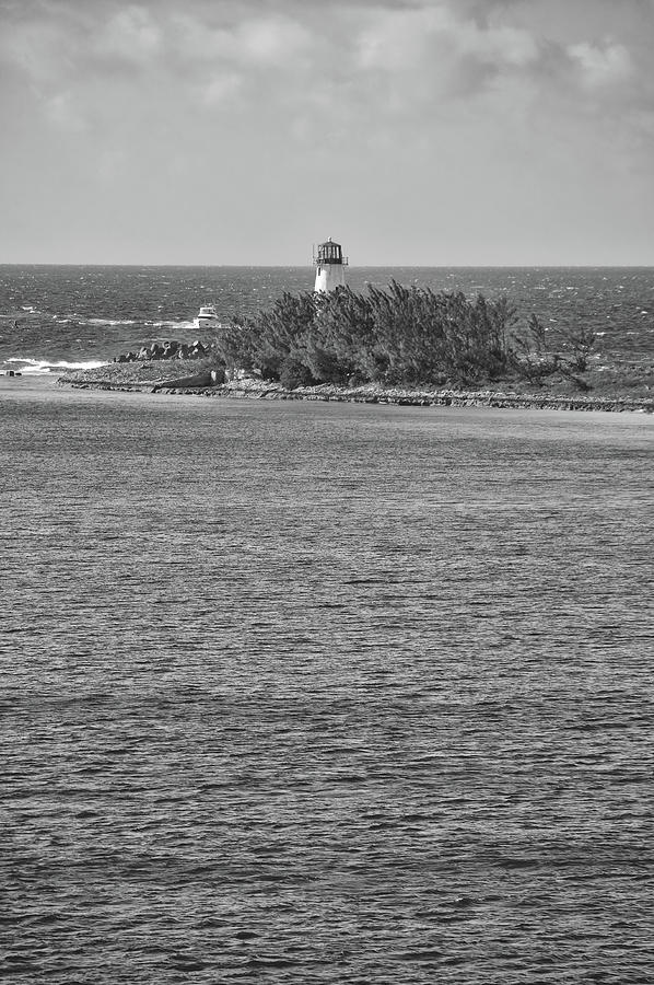 Nassau Harbour Lighthouse on Paradise Island Bahamas Black and white Photograph by Shawn OBrien