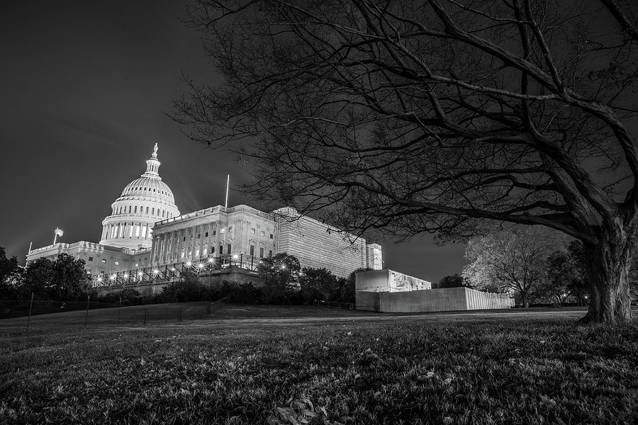 National Capitol At Night Black And White Photograph