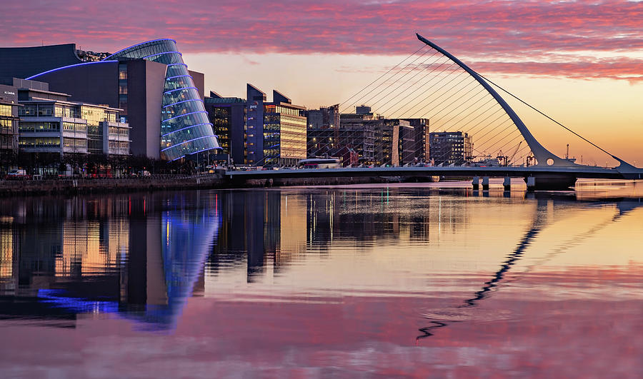 Architecture Photograph - National Conference Centre and Samuel Beckett Bridge at Dawn - Dublin by Barry O Carroll