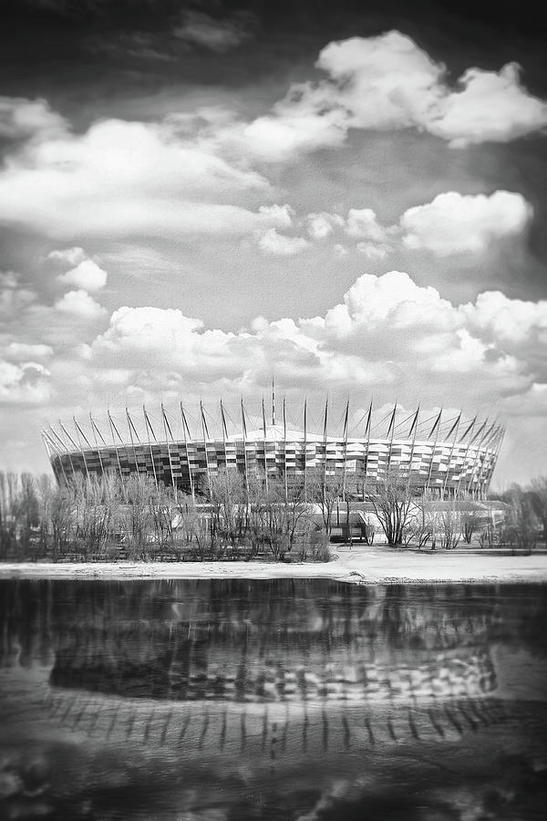 National Stadium and Vistula River Warsaw Black and White  Photograph by Carol Japp