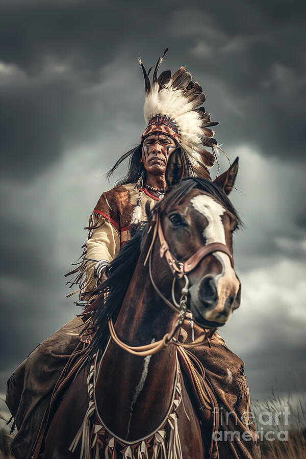 Native american chief on his horse Digital Art by Delphimages Photo Creations