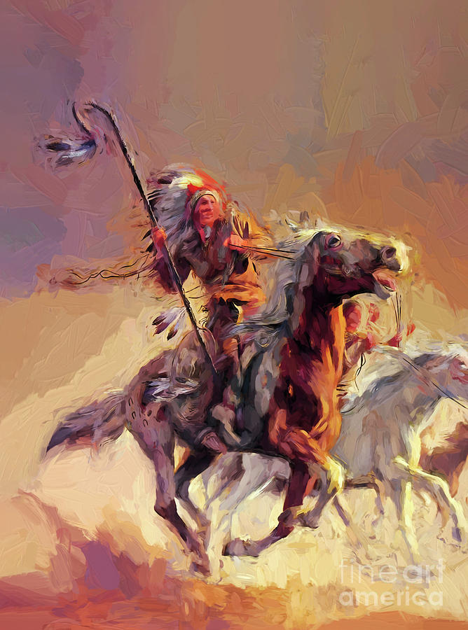 Native American Fighting on Horse Painting by Gull G