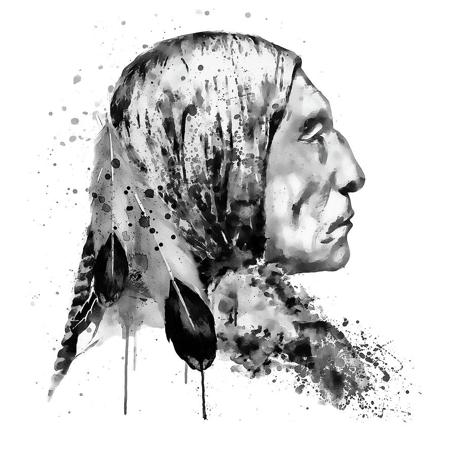 Native American Side Face Black and White Painting by Marian Voicu