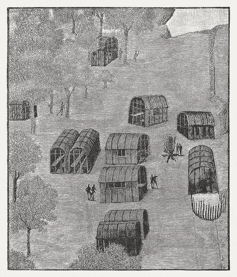 Native American Village of Secotan in Roanoke, published 1884 Drawing by Zu_09