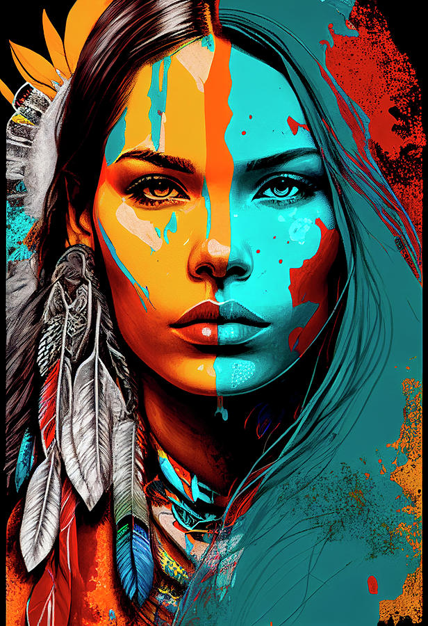 Native American Woman Mixed With Realism Pop Art Psychedelic Digital Art By Daniel Ramos Fine 