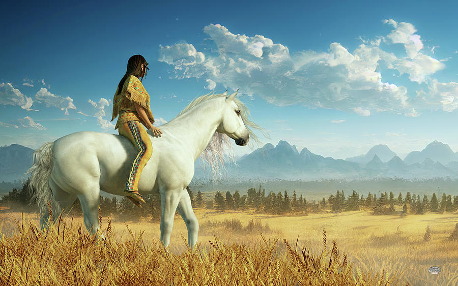Native American Woman Riding a White Mustang Digital Art by Daniel Eskridge