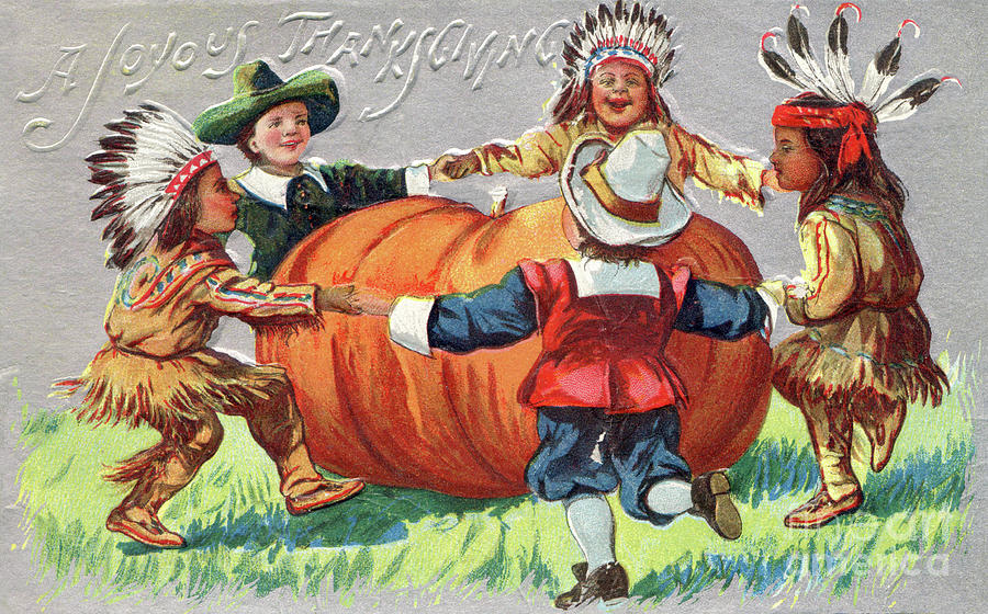 Native and Pilgrim children dancing around a pumpkin. Digital Art by Pete Klinger