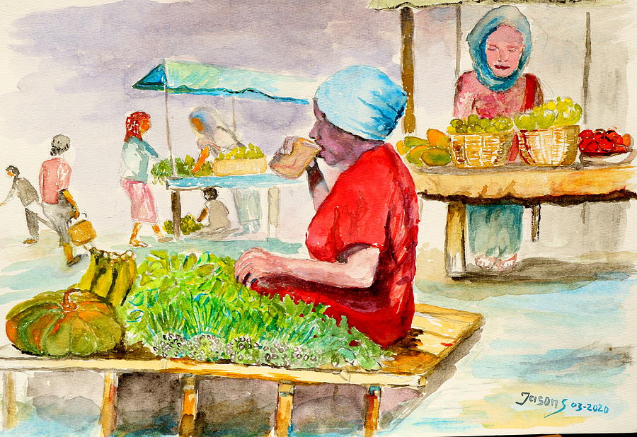  Native Papua woman in the market Painting by Jason Sentuf