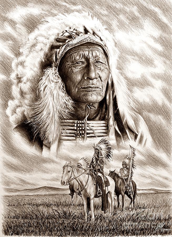 Native Spirit sepia Drawing by Andrew Read