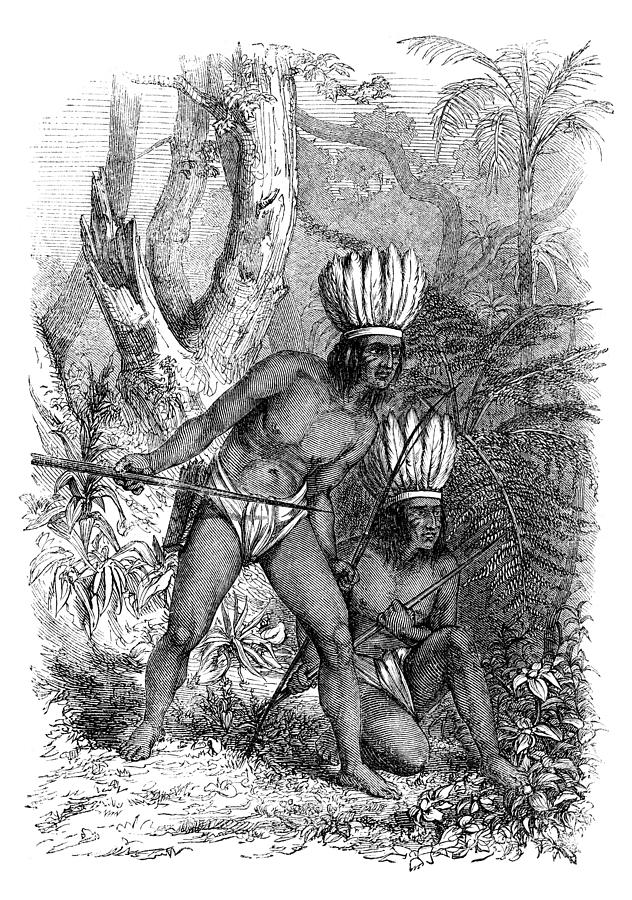 Natives from the tribe Zaparo hunting at the coast of the river Givarana in the Provinz Para Brazil Drawing by Grafissimo