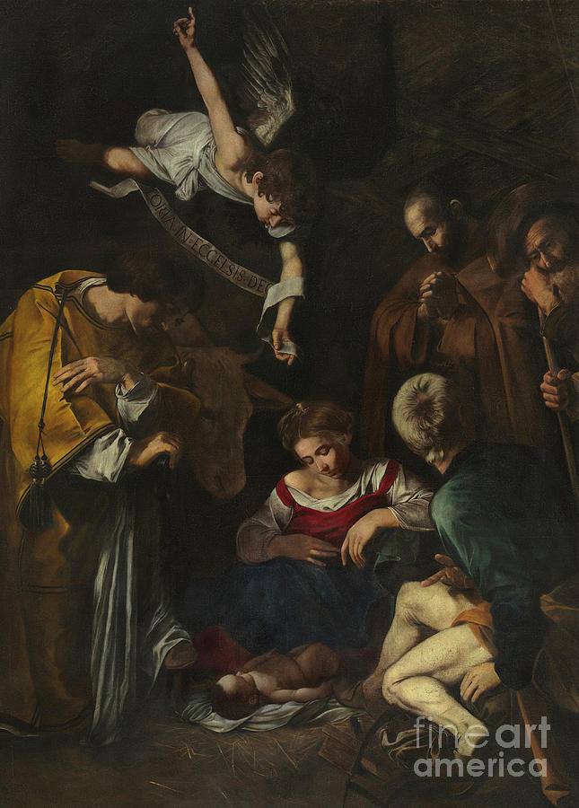 Caravaggio Painting - Nativity with St Francis and St Lawrence, 1609  by Caravaggio