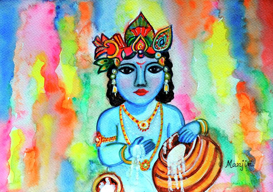 Natkhat Bal Krishna colorful watercolor  Painting by Manjiri Kanvinde