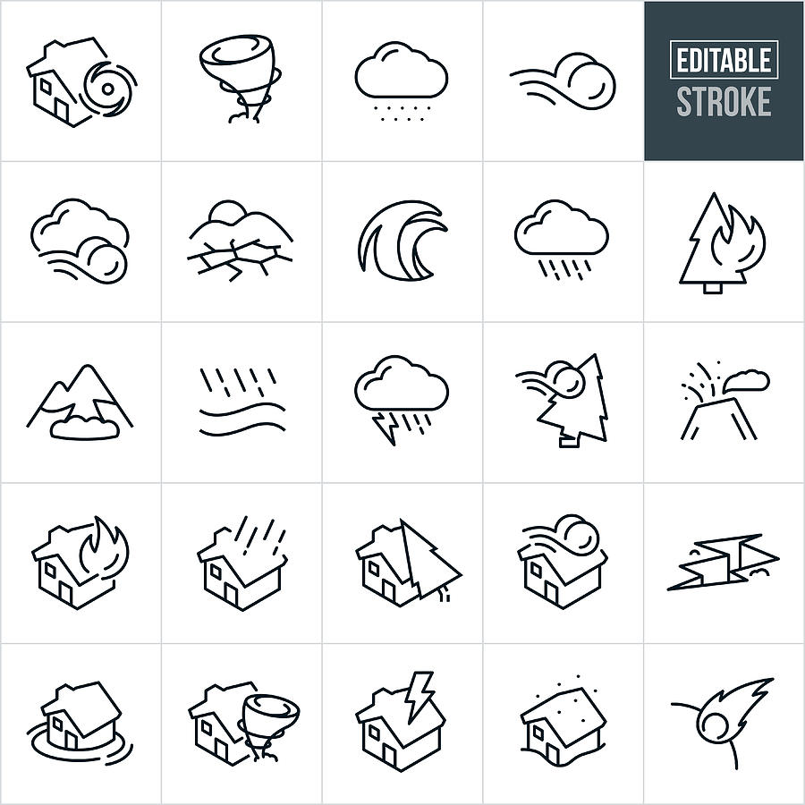 Natural Disaster Thin Line Icons - Editable Stroke Drawing by Appleuzr