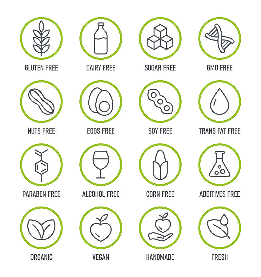 Natural Products. Allergens. Food Intolerance. Set of icons - Dairy Free, Gluten Free, Sugar Free, GMO Free, Nut Free, Paraben free. Vector illustration. Drawing by PeterPencil