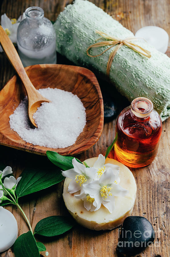 Natural Spa Cosmetics With Essential Massage Oils, Jasmine Flowe Photograph