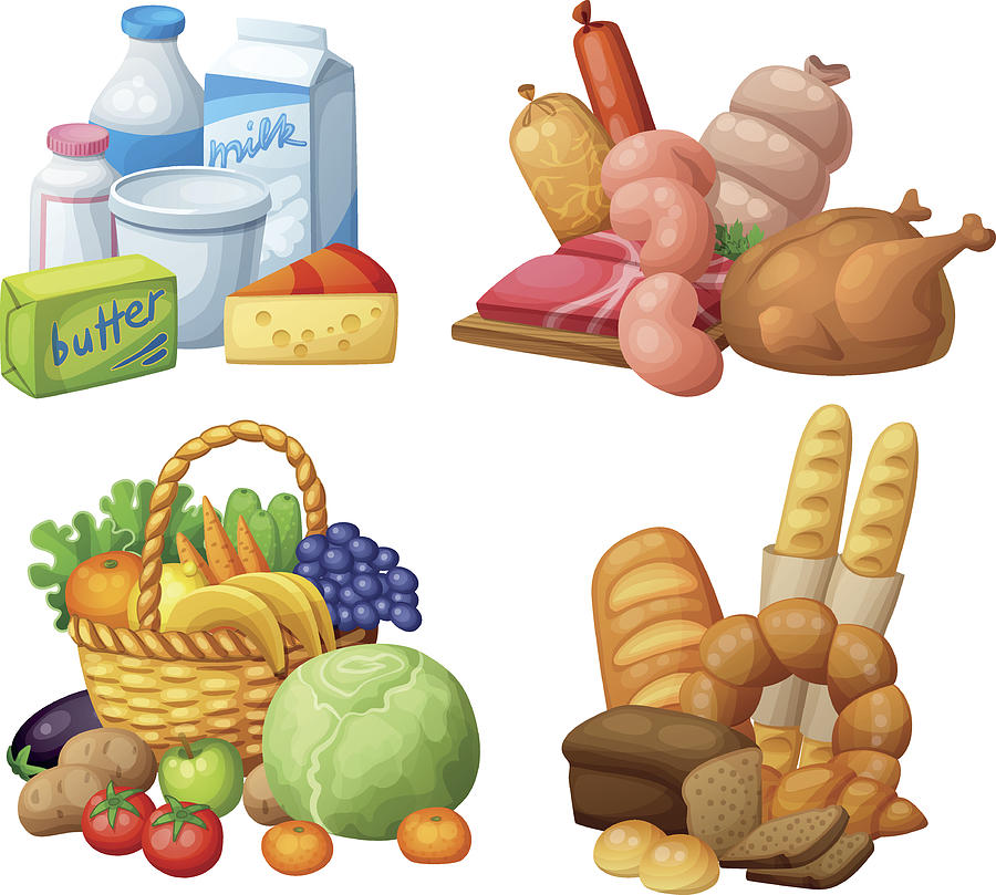 Natural supermarket food sets: Dairy products, Meat sausages chicken, Grocery Drawing by Anna_zabella