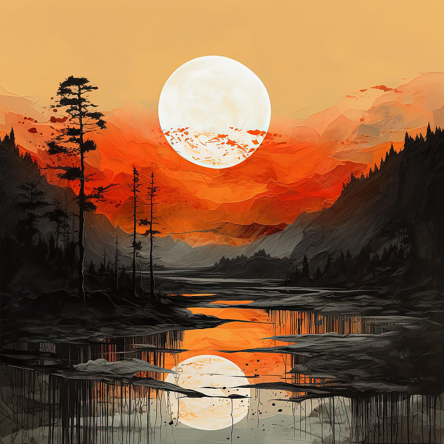 Nature at Night - Black and Orange Art Painting by Lourry Legarde