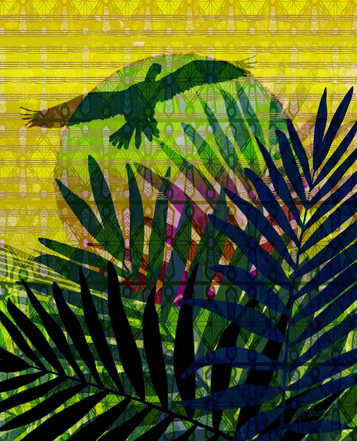 Patterns Of Nature Tropical Sunset With Palms And Cormorant Drawing by Joan Stratton