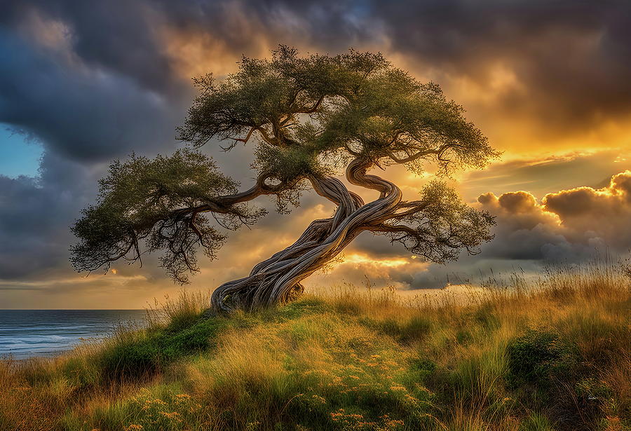 Natures Dance - Twisted Tree on a Grassy Hill Digital Art by Russ Harris