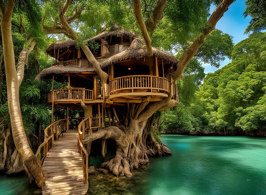 Natures Oasis - The Magnificent Banyan Treehouse Digital Art by Russ Harris
