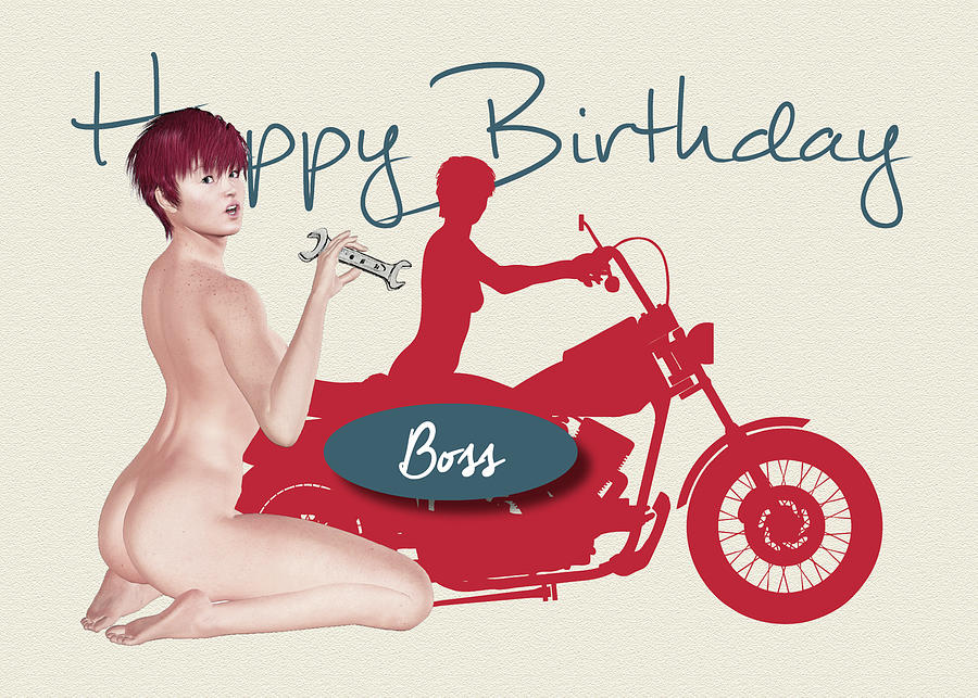 Naughty Pin Up with Motorcycle Birthday for Boss Digital Art by Jan Keteleer