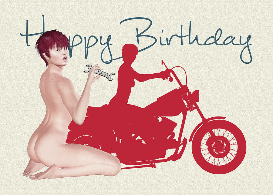 Naughty Pin Up with Motorcycle Birthday Digital Art by Jan Keteleer