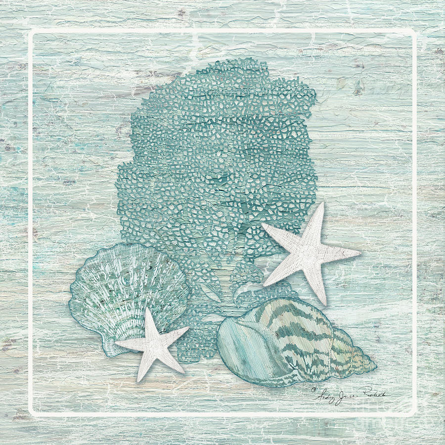 Nautical Ocean Beach Life - Blue Coral Starfish and Seashell Painting by Audrey Jeanne Roberts