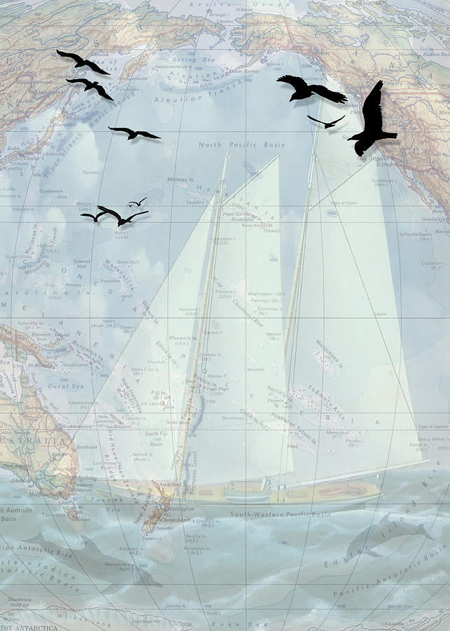 Nautical Vintage Sailboat and Old World Map Digital Art by Doreen Erhardt