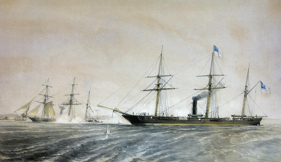 Naval Battle Of The Alabama and The Kearsarge Off Cherbourg - 1864 Painting by War Is Hell Store