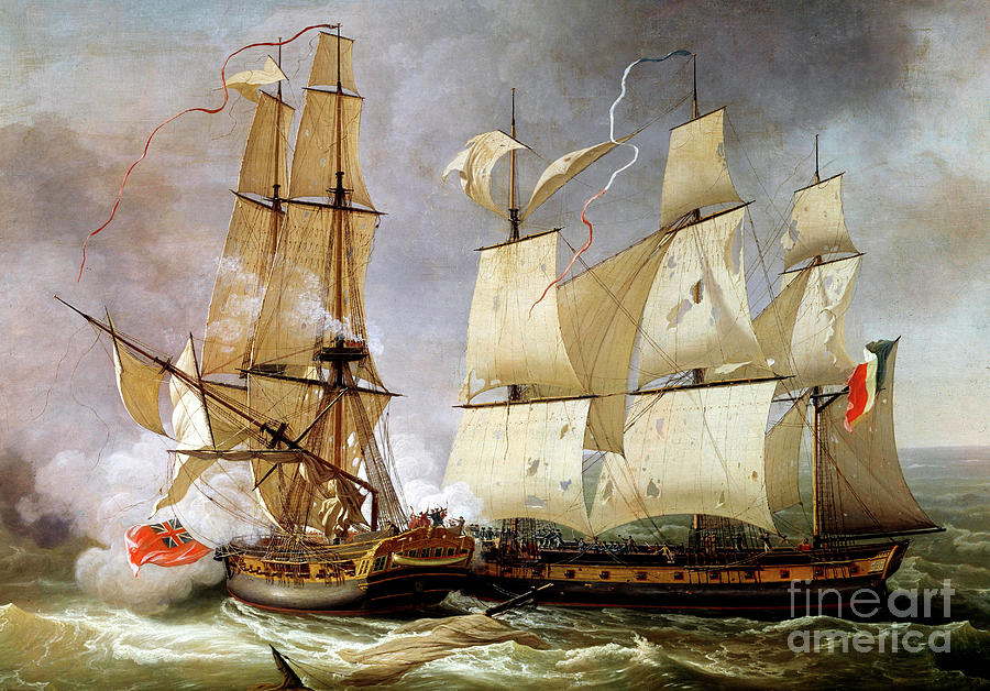 Naval Combat between French corvette La Bayonnaise and British frigate LEmbuscade Painting by Jean-Francois Hue