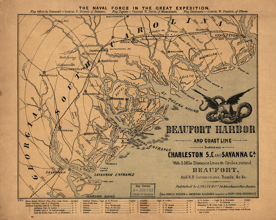 Map Drawing - Naval Force in the Great Expedition Beaufort Harbor 1861 by Vintage Maps