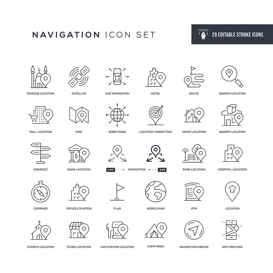 Navigation Editable Stroke Line Icons Drawing by Enis Aksoy