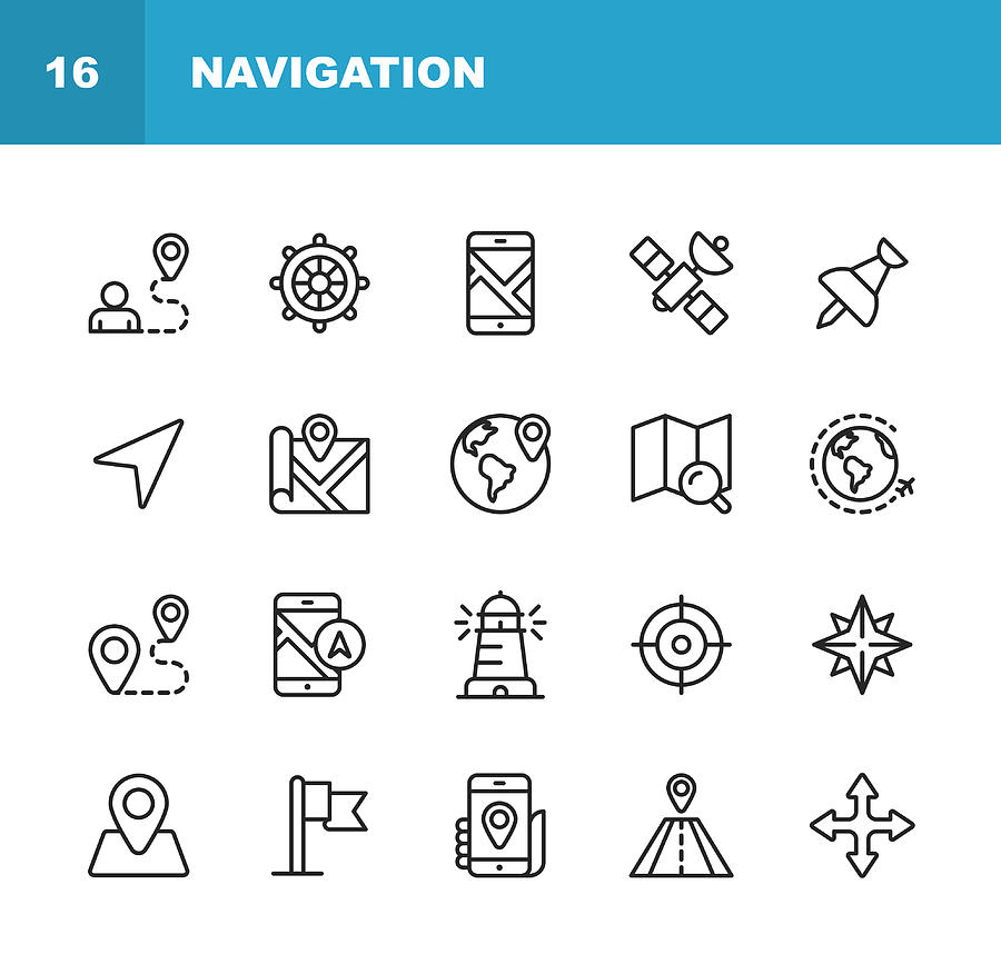 Navigation Line Icons. Editable Stroke. Pixel Perfect. For Mobile and Web. Contains such icons as . Drawing by Rambo182
