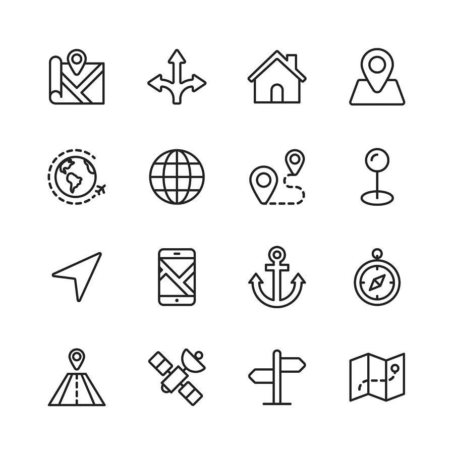 Navigation Line Icons. Editable Stroke. Pixel Perfect. For Mobile and Web. Contains such icons as Direction, Map, GPS, Road, Satellite. Drawing by Rambo182