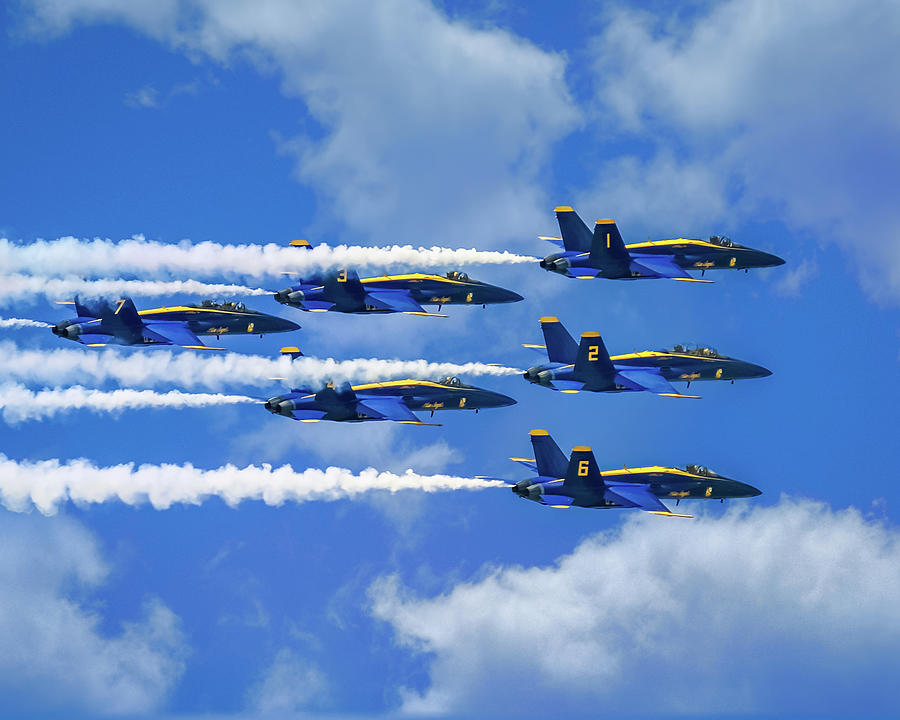 Navy Blue Angels Airshow With Smoke Trails on Cloudy Day Photograph by Robert Bellomy