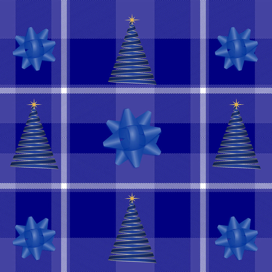 Navy Blue Christmas Trees and Bows on Plaid Digital Art by Ali Baucom