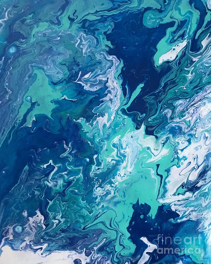 Navy blue, Teal green and White acrylic pour painting Painting by Jill ...