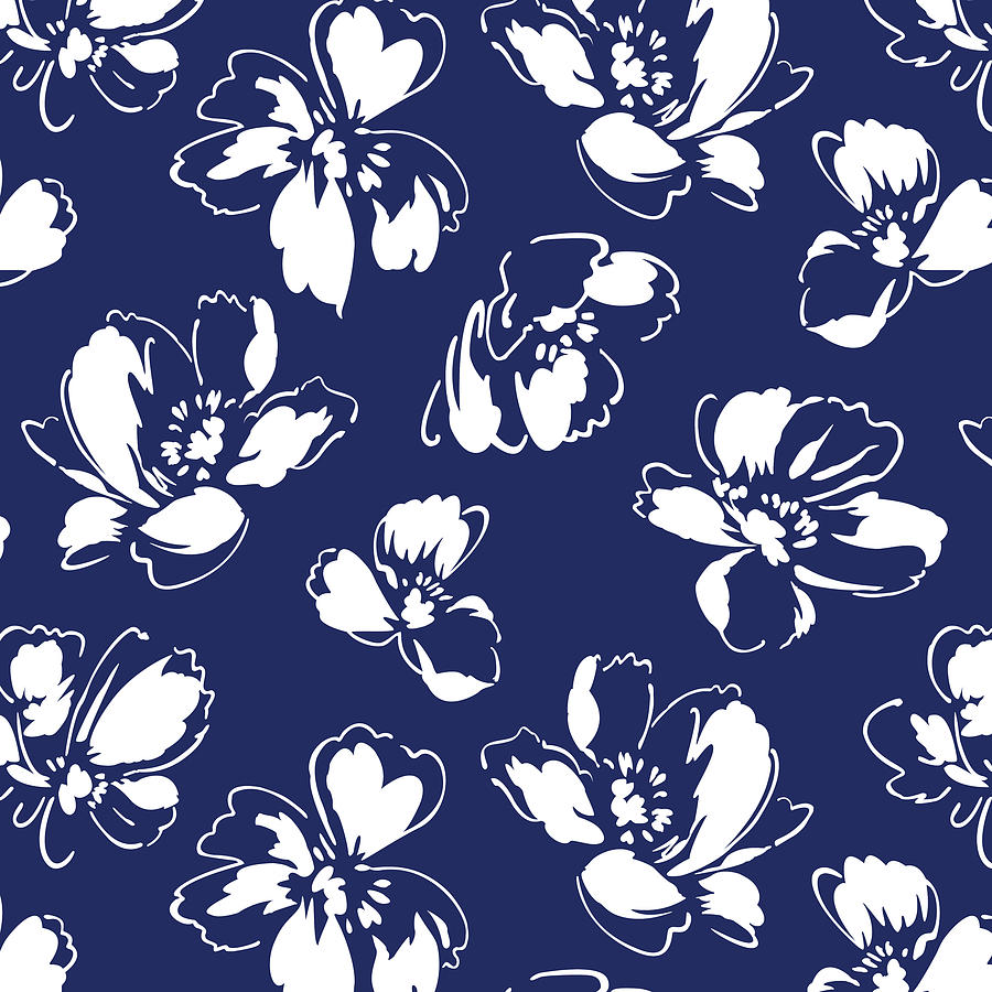Navy Blue Tossed Floral Pattern big flowers Painting by Nikita Coulombe