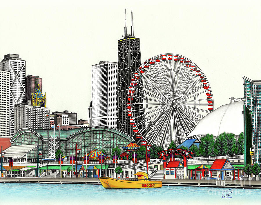 Navy Pier Chicago Drawing Drawing by Omoro Rahim