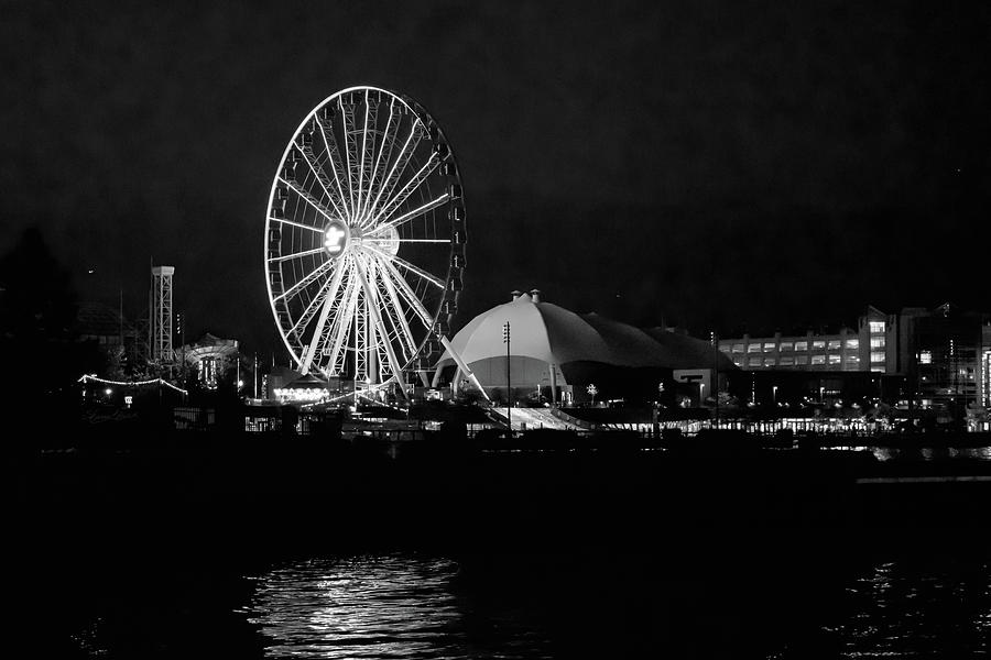 Navy Pier Night Black And White Photograph by Sharon Popek