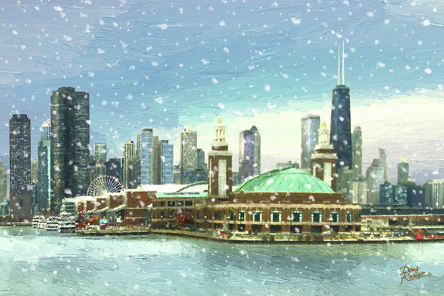 Chicago Skyline Painting - Navy Pier Winter Snow by Doug Kreuger