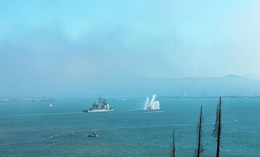 Navy Ship and Fireboat S F Bay Photograph by Bonnie Follett