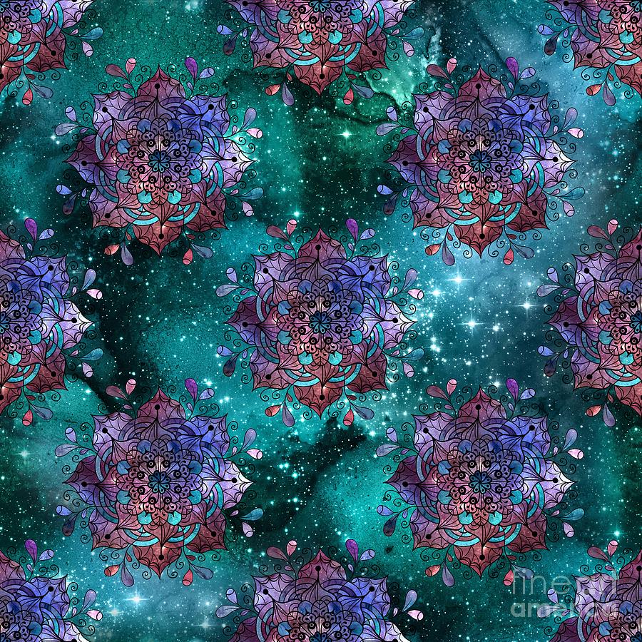 Nayaka - Purple Teal Watercolor Mandala Galaxy Dharma Pattern Digital Art by Sambel Pedes