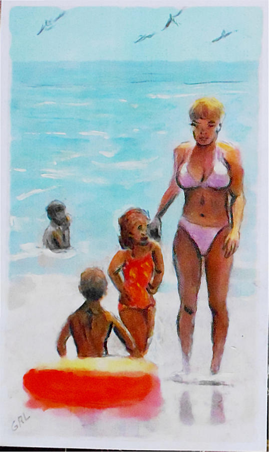 NC Beach-Shore Sketch Woman and 2 Children Painting by G Linsenmayer