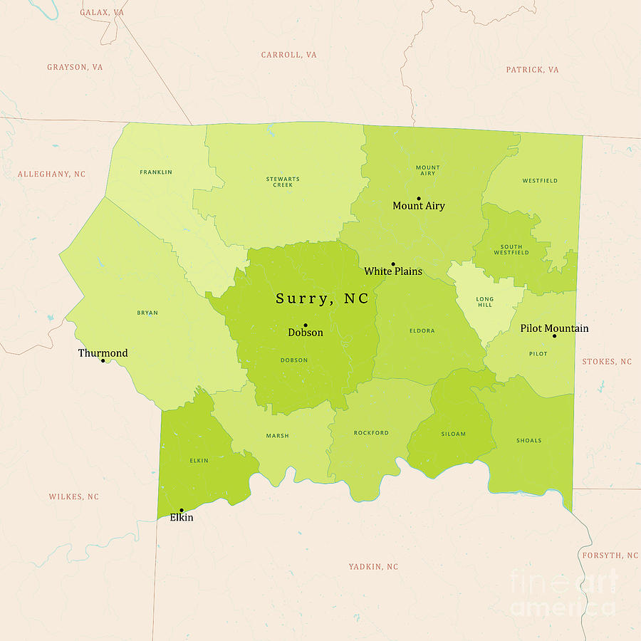 Map Digital Art - NC Surry County Vector Map Green by Frank Ramspott