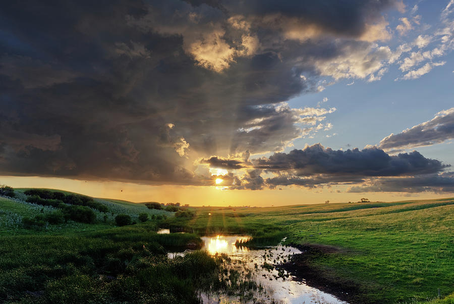 ND Prairie Coulee Sunset with sun rays Photograph by Peter Herman