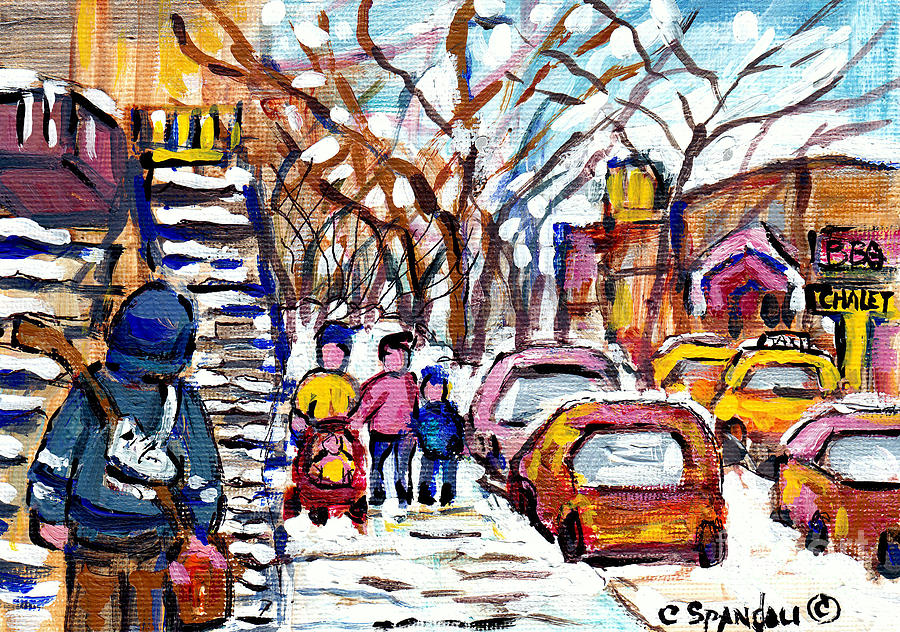 Ndg Montreal Winter Street Scene Chalet Bbq Snowy Steps C Spandau Canadian Hockey Artist Quebec Art Painting by Carole Spandau