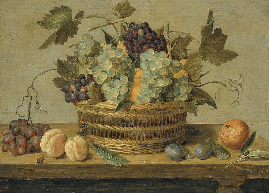 Grape Painting - Nectarines and grapes in a basket on a table, with plums, oranges, a butterfly and a beetle by Jacob van Hulsdonck